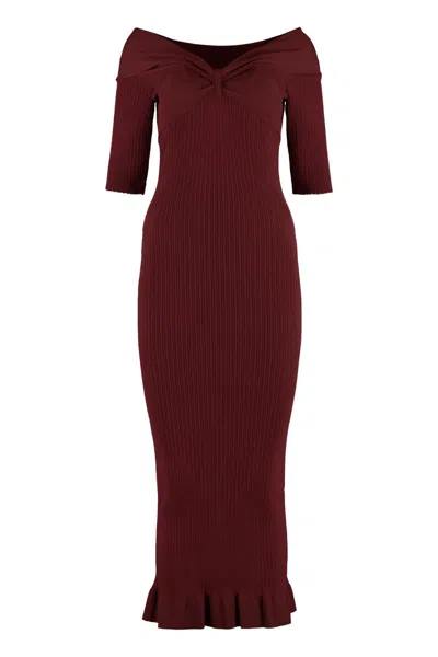 Philosophy Di Lorenzo Serafini Burgundy Off-the-shoulder Ruffled Midi Dress In Burgundy