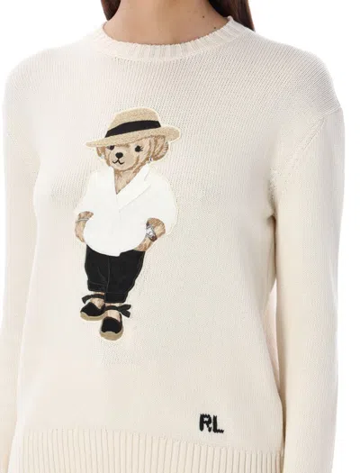 Shop Ralph Lauren Linen Polo Bear Sweater In Cream