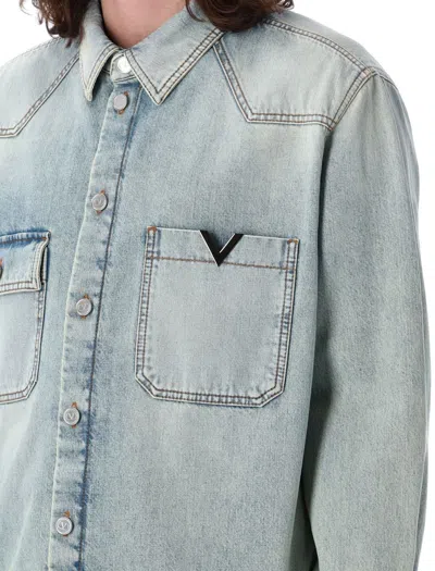 Shop Valentino Garavani Denim Shirt With Metallic V Detail In Ligh Blue