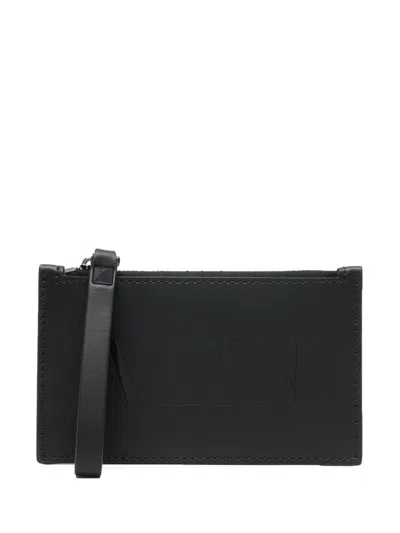 Shop Valentino Garavani Vltn Leather Zipper Card Holder In Black