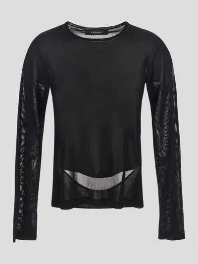 Shop Versace Slashed Knit Jumper In Black