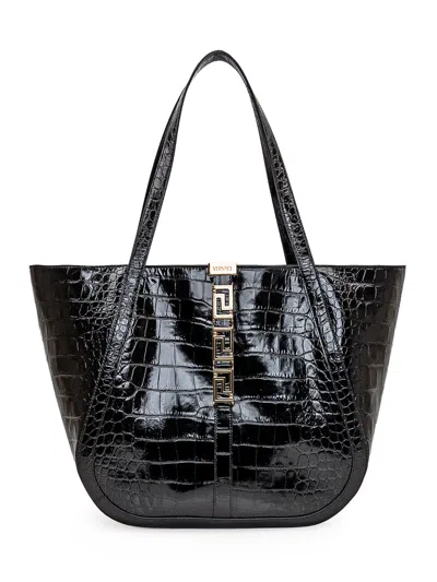 Shop Versace Greca Goddess Large Shopping Bag In Black- Gold