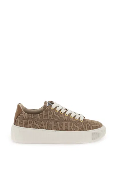 Shop Versace Greca Low-top Sneakers In Beige+marrone+oro