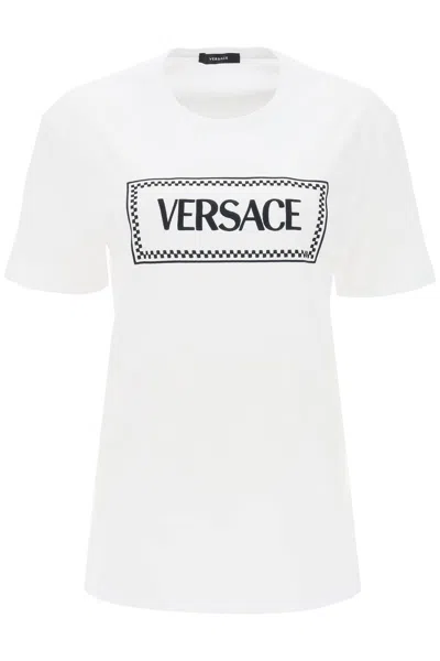 Shop Versace Logo Embroidery T-shirt In Bianco+nero