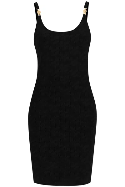 Shop Versace La Greca Knitted Mini Dress In Black