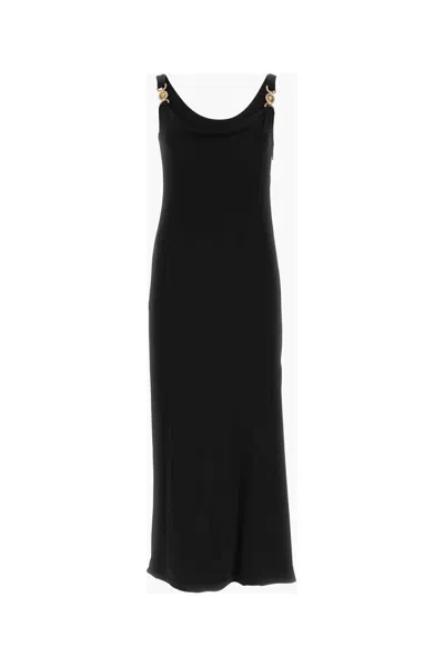 Shop Versace Medusa Plaque Scoop Back Midi Dress In Black