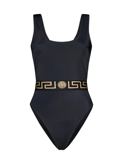 Shop Versace One Piece Swimsuit With Greek In Black