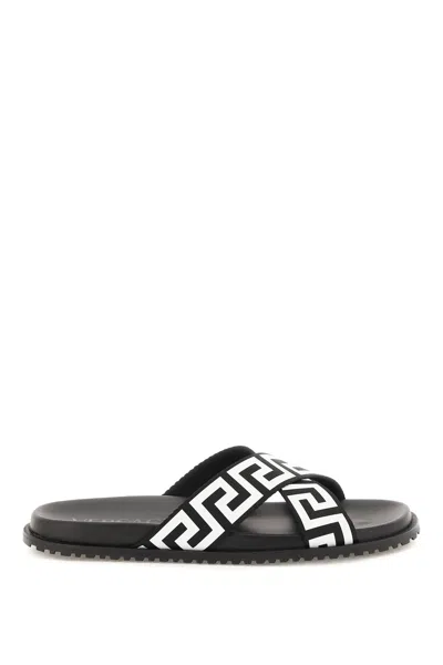 Shop Versace Black/white Greca Sandal In Black White