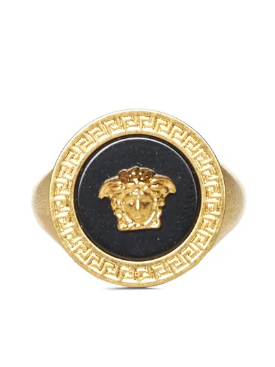 Shop Versace Medusa Ring In Black Tribute Gold