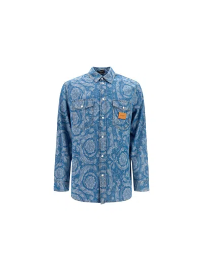 Shop Versace Light Blue Cotton Denim Shirt In Blu Medio Lavato