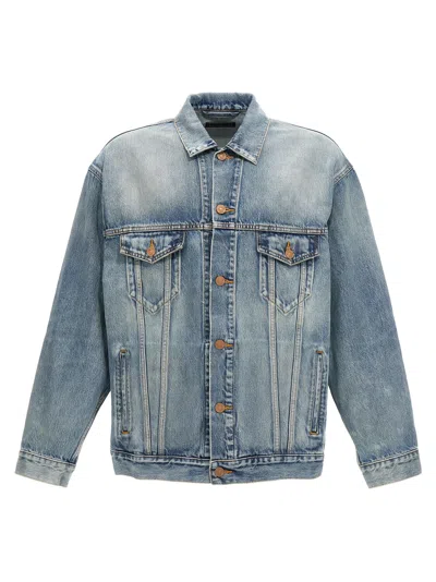 Shop Balenciaga Printed Denim Jacket In Blue