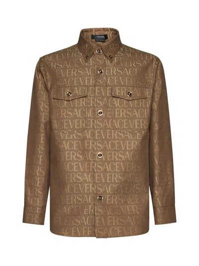 Shop Versace Tech Canvas Overshirt In Brown Beige