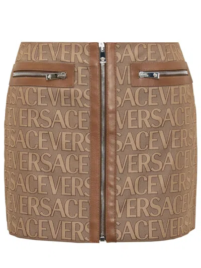 Shop Versace Jacquard Mini Skirt In Brown+beige