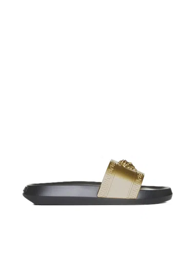 Shop Versace Palazzo Slide Sandals In Gold Black