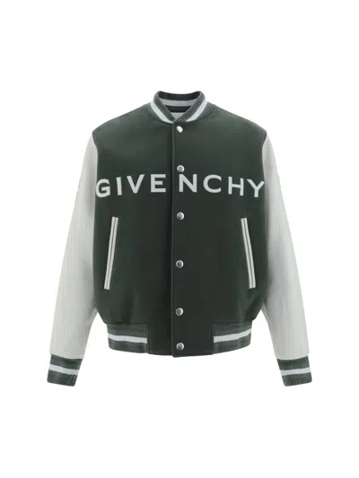 Shop Givenchy Bomber Jacket In Wool And Leather In Green