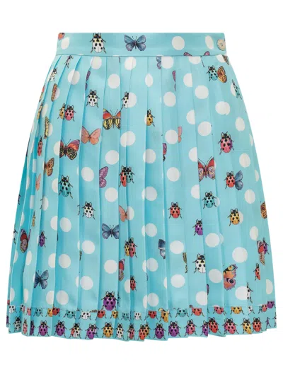 Shop Versace Butterflies Pleated Silk Skirt In Light Blue Pois