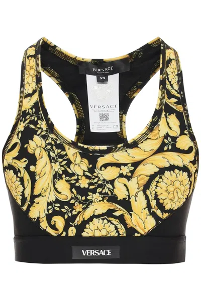 Shop Versace Barocco Print Cropped Sports Top In Nero Stampa (black)