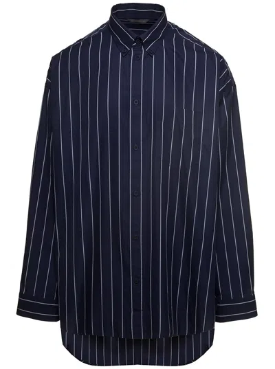 Shop Balenciaga Striped Blouse With Contrasting Logo In Navy White