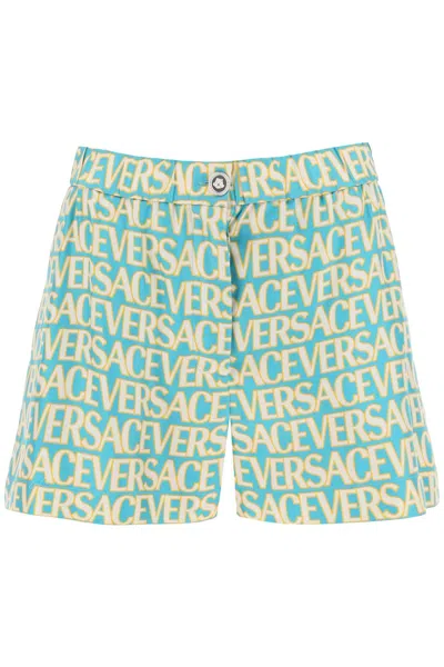 Shop Versace Printed Silk Shorts In Turquoise+avorio