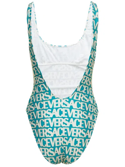 Shop Versace Blue One-piece Swimsuit With All-over Logo Lettering Print In Stretch Tech Fabric Woman In Turquoise Avory