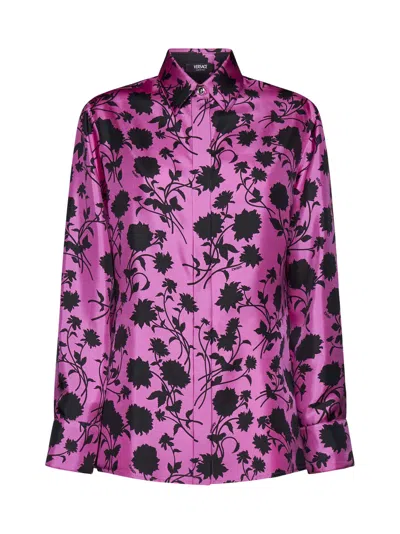 Shop Versace Informal Shirt Floral Silhouette Print Twill Silk Fabric 50% In Waterlily Black