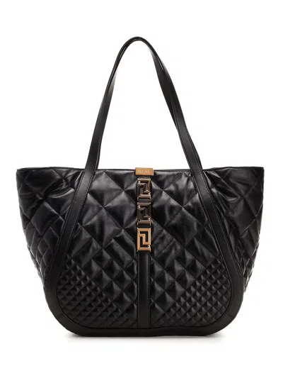 Shop Versace Quilted Leather Tote In Black