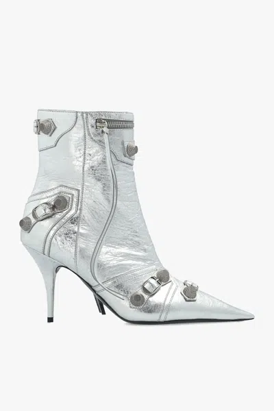 Shop Balenciaga Cagole Heeled Ankle Boots In Silver