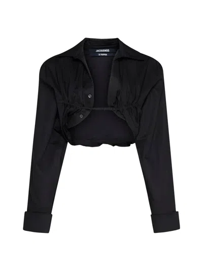 Shop Jacquemus Le Chemise Machou Black Gathered Cropped Shirt In Cotton And Linen Woman