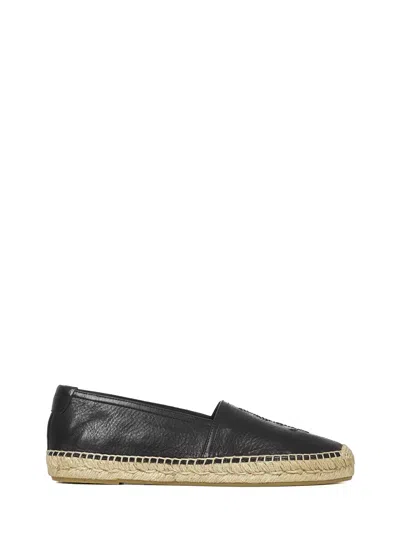 Shop Saint Laurent Leather Espadrilles With Embroidered Monogram In Black