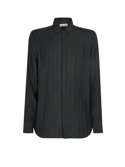 Shop Saint Laurent Silk Shirt With Monogram In Black