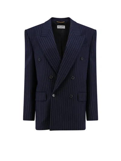 Shop Saint Laurent Double-breasted Pinstripe Wool Blazer In Blue