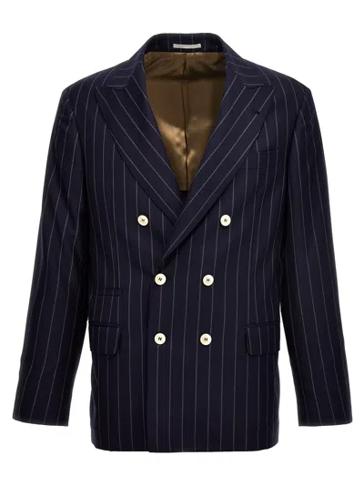 Shop Brunello Cucinelli Double Breasted Wool Blazer Jacket In Blue