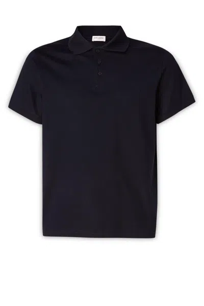 Shop Saint Laurent Polo Shirt With Embroidered Logo In Cotton In Blue