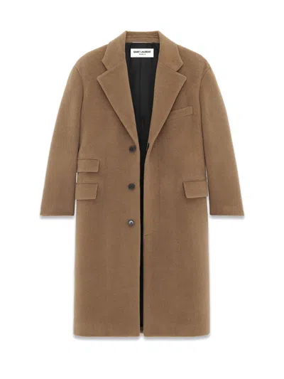 Shop Saint Laurent Virgin Wool And Angora Single-breasted Coat In Camel