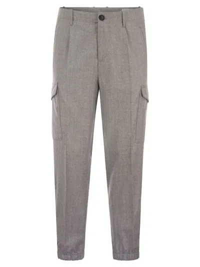 Shop Brunello Cucinelli Wool Trousers With Cargo Pockets And Zipped Bottoms In Grigio Perla