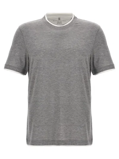 Shop Brunello Cucinelli Cotton Blend Silk Crew Neck T-shirt With Contrast Double Layer In Gray