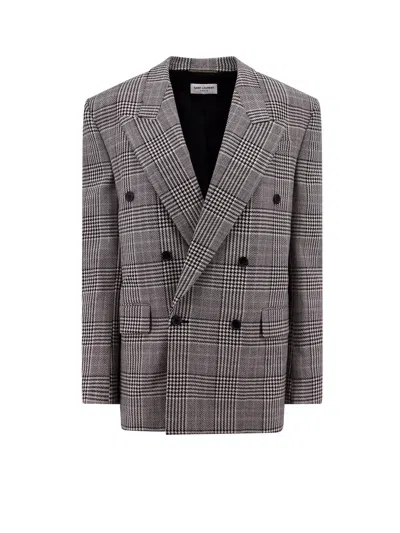 Shop Saint Laurent Prince Of Wales Wool Blazer In Grey