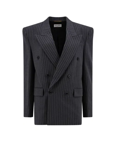 Shop Saint Laurent Double-breasted Pinstripe Wool Blazer In Grey