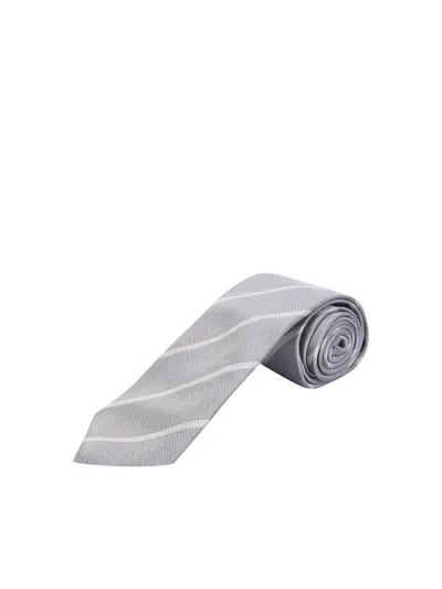Shop Brunello Cucinelli Striped Silk Twill Tie In Grey