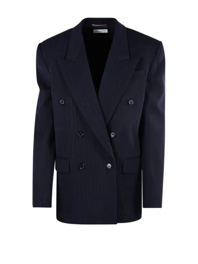 Shop Saint Laurent Double-breasted Striped Blazer In Marine Fonce Gris
