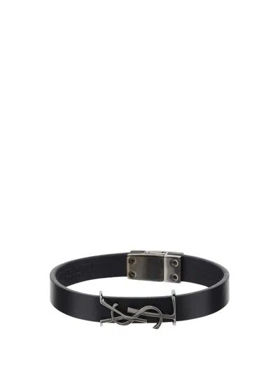 Shop Saint Laurent Opyum Leather Bracelet In Nero