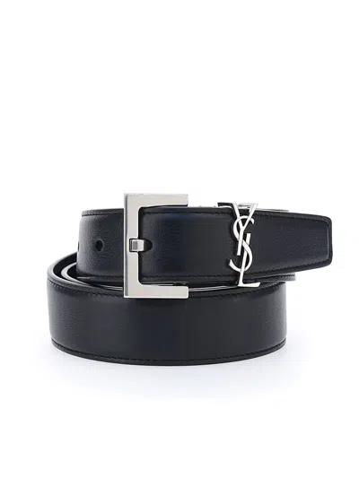 Shop Saint Laurent Leather Belt With Silver Logo In Nero