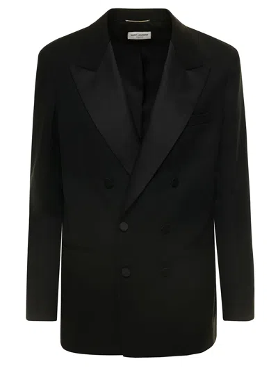 Shop Saint Laurent Black Double-breasted Blazer With Satin Peak Lapels In Wool Man In Noir