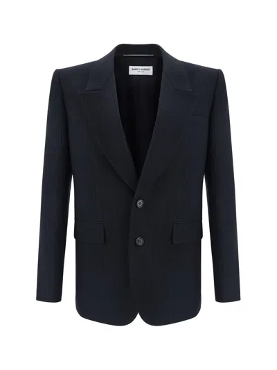 Shop Saint Laurent Wool Blazer Jacket In Noir Gris
