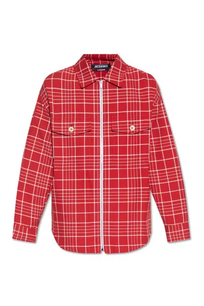 Shop Jacquemus Patterned Collared Zip-up Jacket In Red