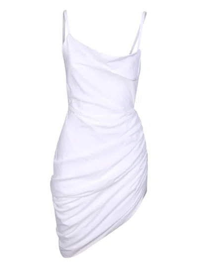 Shop Jacquemus Saudade Asymmetric Draped Mini Dress In White