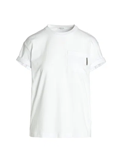 Shop Brunello Cucinelli Crewneck T-shirt With Patch Pocket And Monile Detail In Stretch Cotton In White
