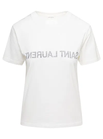 Shop Saint Laurent Crewneck T-shirt With Reverse Logo In White