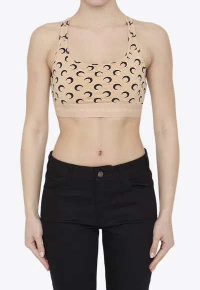 Shop Marine Serre All Over Moon Cropped Top In Beige