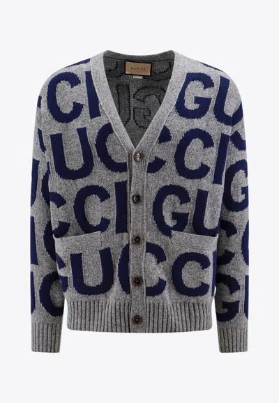 Shop Gucci All-over Intarsia Wool Cardigan In Grey